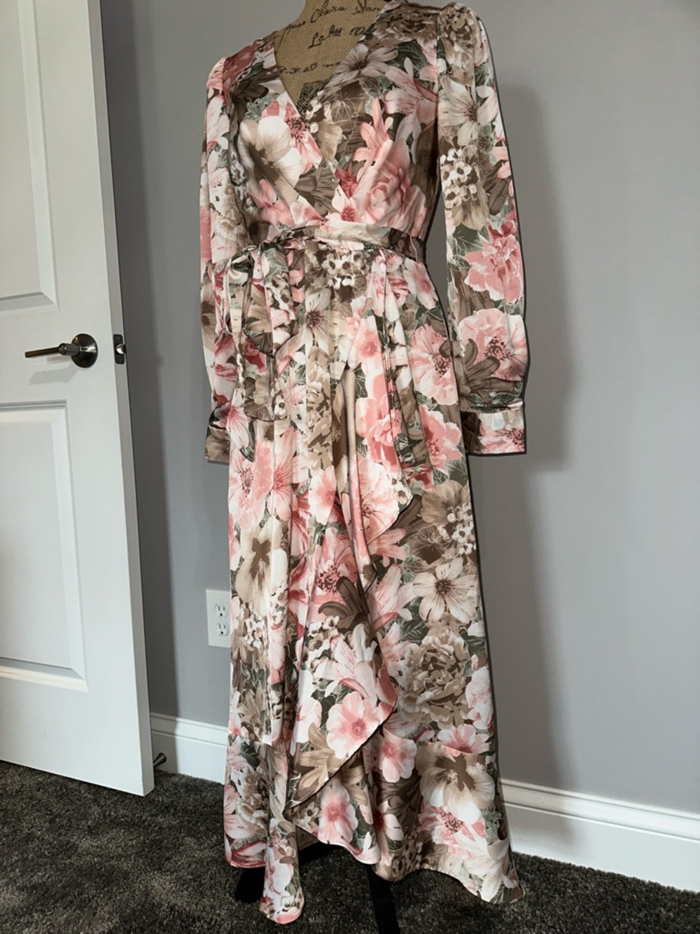 Tahari ASL Pink and Taupe Floral High-Low Wrap Dress size 4
